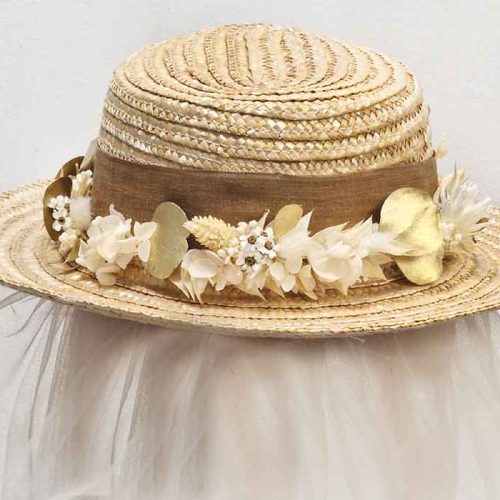 Canotier Ceremonia Flores, Blanca y Oro