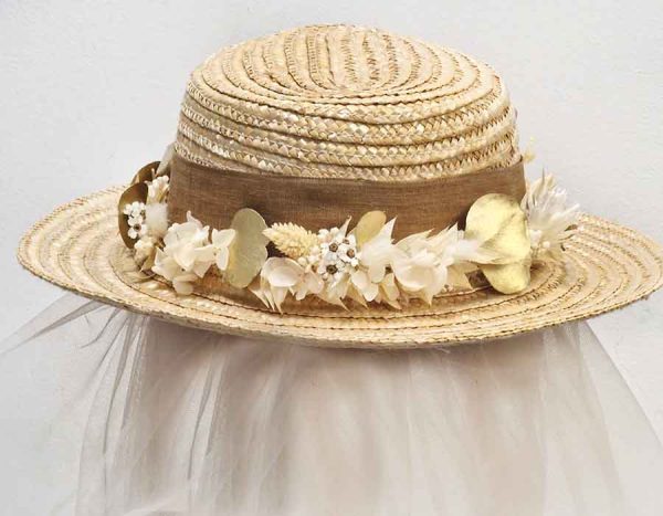 Canotier Ceremonia Flores, Blanca y Oro